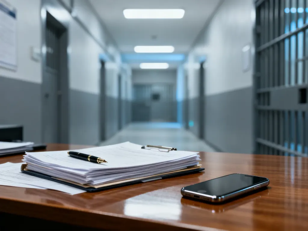 Profesjonalne biuro administracji więziennej z uporządkowanymi dokumentami na tle nowoczesnego korytarza zakładu karnego.