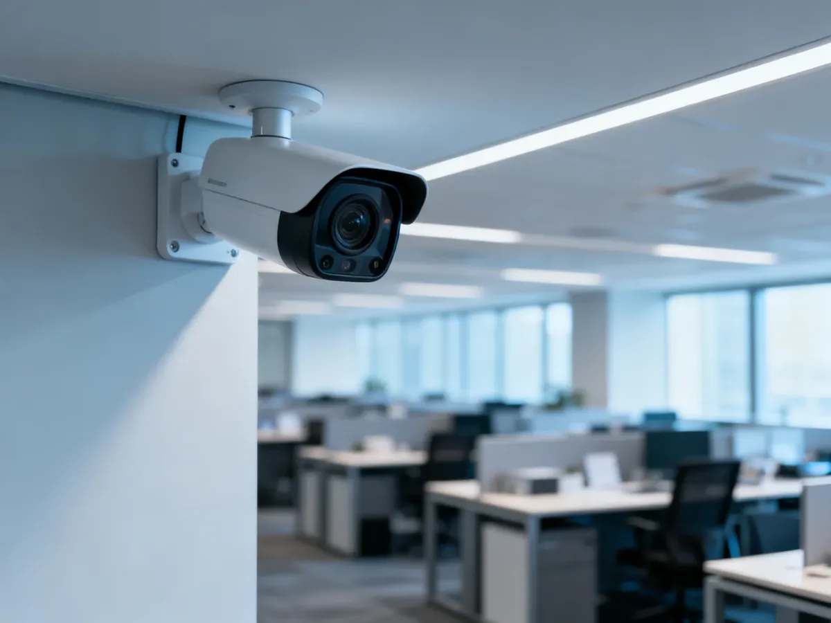 Kamera monitoringu zamontowana w nowoczesnym biurze typu open space, symbolizująca nadzór nad miejscem pracy.
