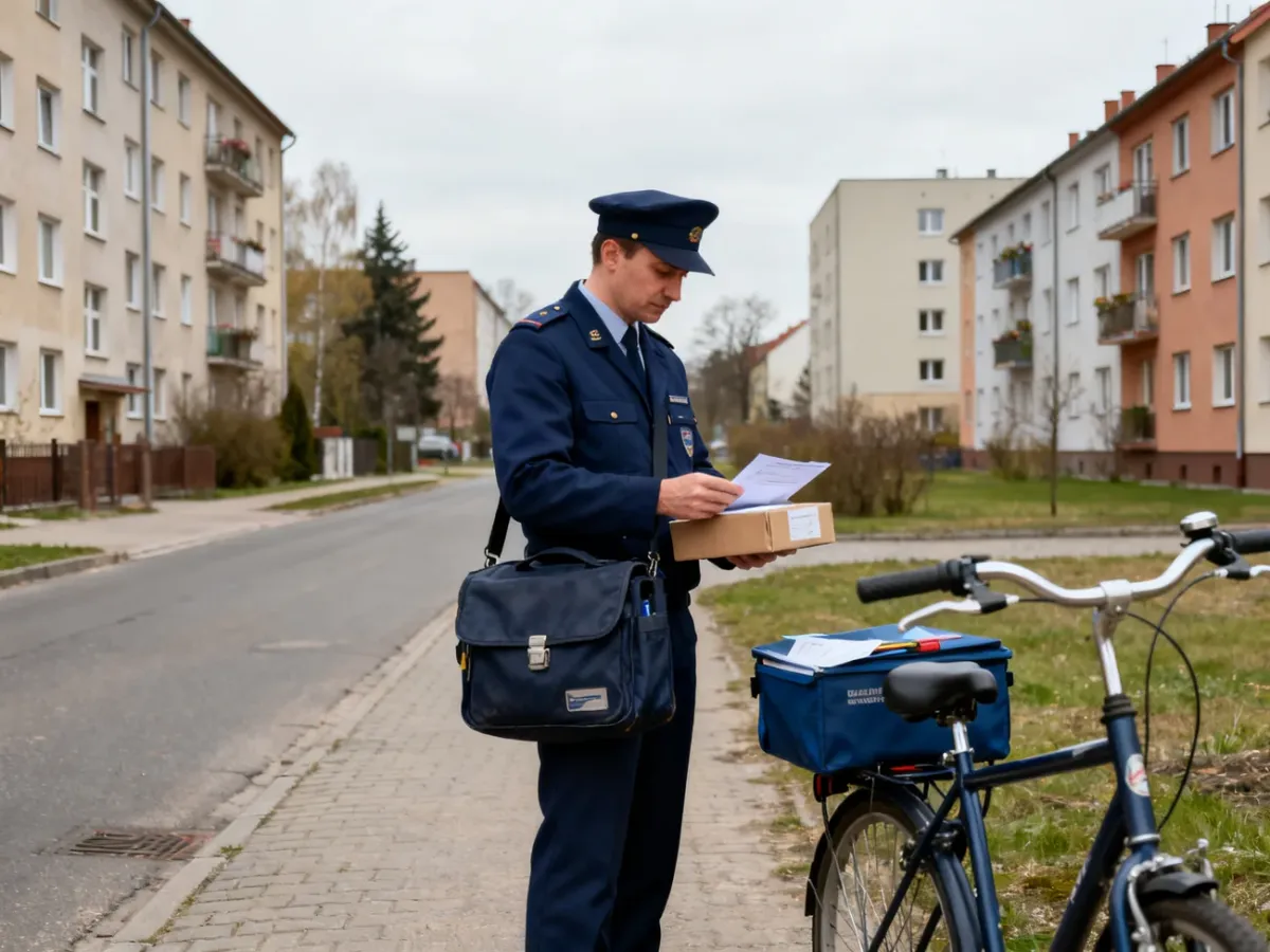 Listonosz doręczający przesyłki na osiedlowej ulicy