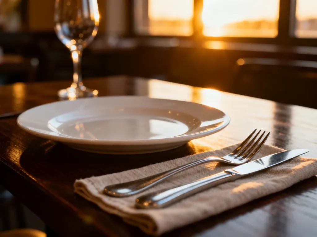 Elegancko nakryty stolik w restauracji z porcelanowym talerzem i sztućcami w ciepłym świetle zachodzącego słońca.